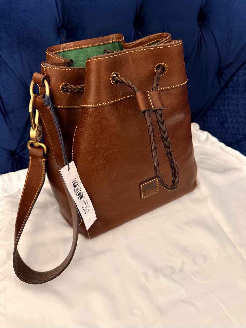 Donney and Bourke Florentine Leather Hattie Bucket Bag with Braided Drawstring.